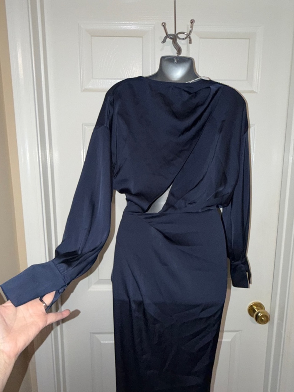 ASTR The Label Midnight Blue Satin Wrap Midi Dress Cutout NWT Small - Picture 2 of 8